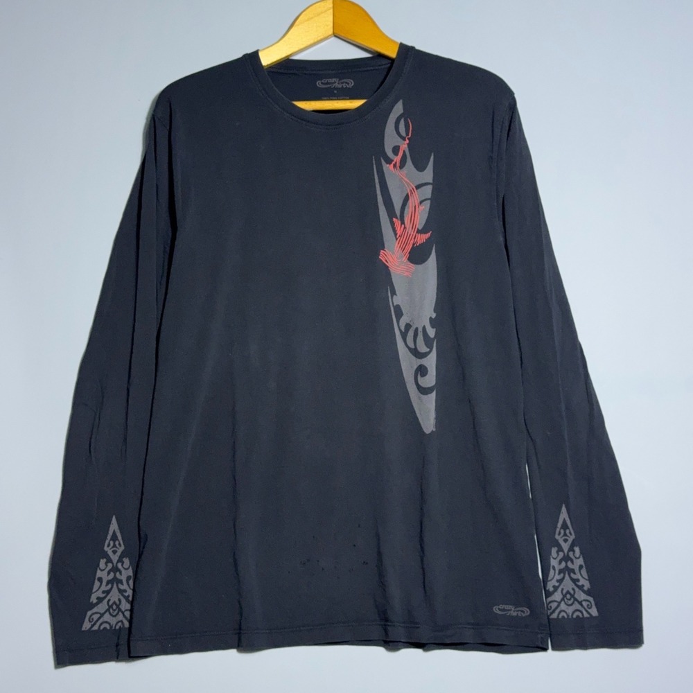Crazy Shirt Hawaii Long Sleeve T-Shirt‎ Mens Size Medium Black Tribal Surf Y2K